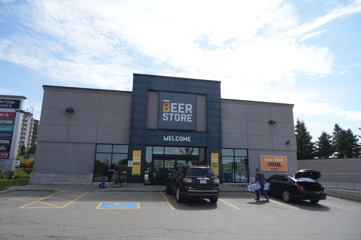 The outside of a Beer Store in London, Ont., where cars are parked and people take empties inside. 