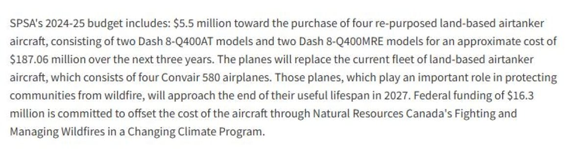 On March 20, 2024, three weeks before the government put out it's Advance Notice of Contract Award, the province announced by news release that it had decided to purchase four planes from Conair for $187 million. 