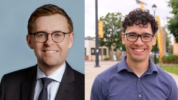 A composite of two photos, with the one on the left showing a man in a black suit and glasses, and the one on the right showing a man with curly hair and a blue dress shirt. 