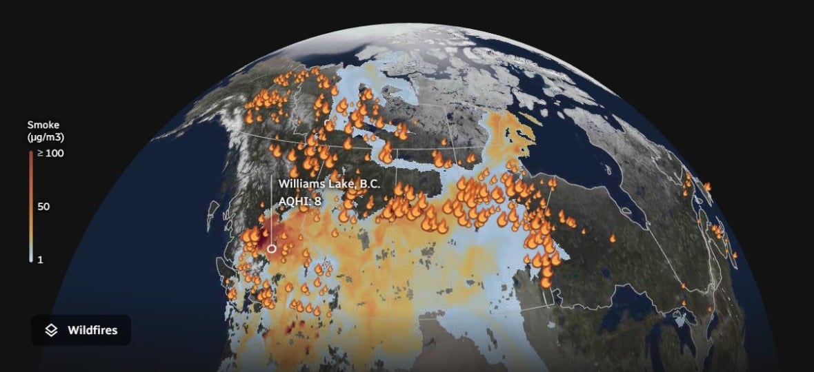 Screenshot of graphic showing fires and smoke in Canada