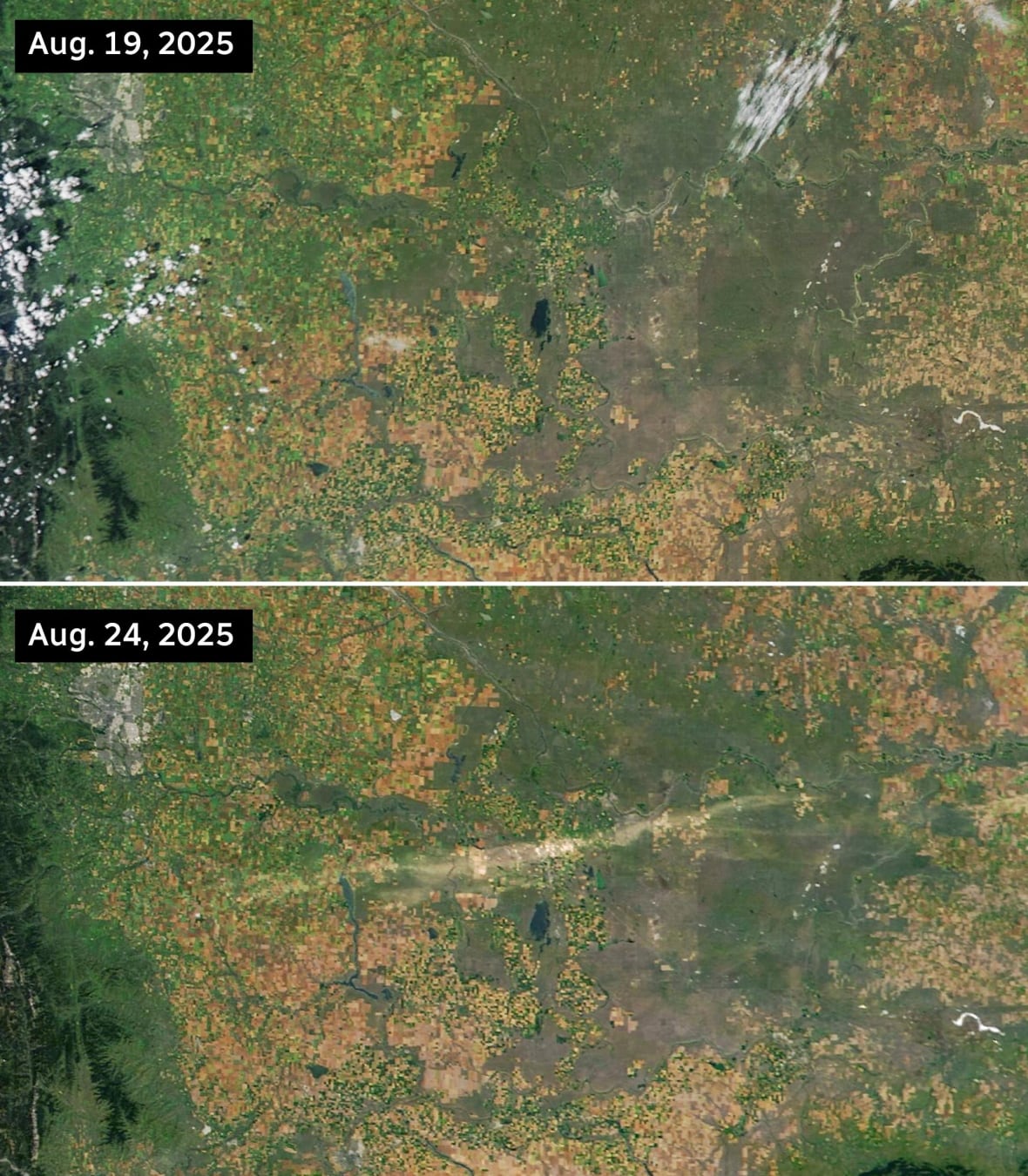 Stacked satellite images from Aug 19 and Aug. 25 showing a light-coloured smear on Aug. 25
