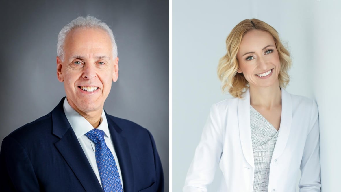 A photo composite of a man wearing a navy suit on the left and on the right is a woman wearing a white blazer.