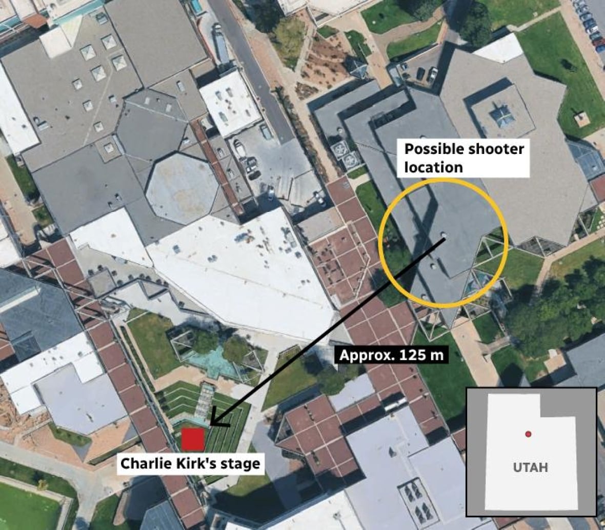 An aerial map is shown detailing buildings on a college campus and nearby environs.