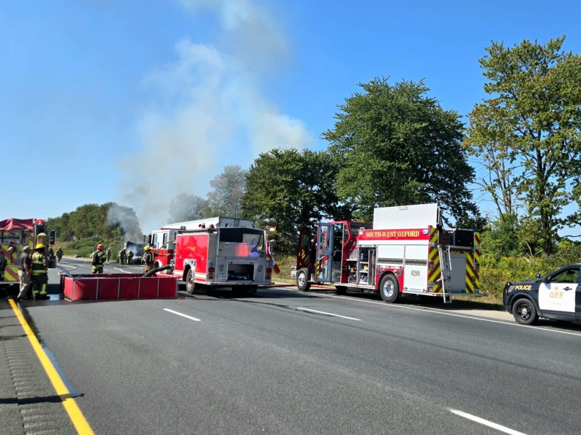 The Ontario Provincial police, and other emergency crews reponded to a crash on the 401 outside of Woodstock on Sept. 11, 2025. 