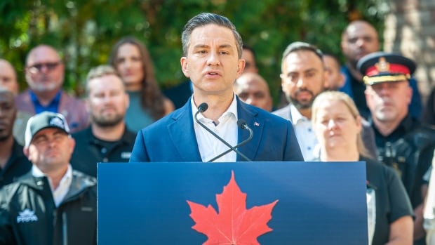 Conservative Leader Pierre Poilievre speaks to the press during a public safety announcement in Woodbridge, Ont., on Thursday, Sept. 11, 2025.