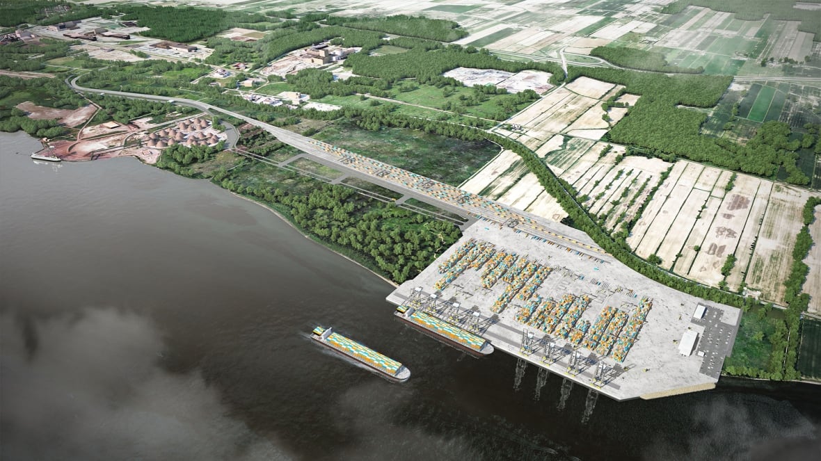 An artist's rendition of the expansion project for the Montreal Port Authority's terminal in Contrecoeur, Que.
