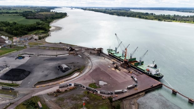 The Contrecoeur Marine Terminal in Contrecoeur, Que., is seen in an aerial view, on Tuesday, Aug. 26, 2025. 