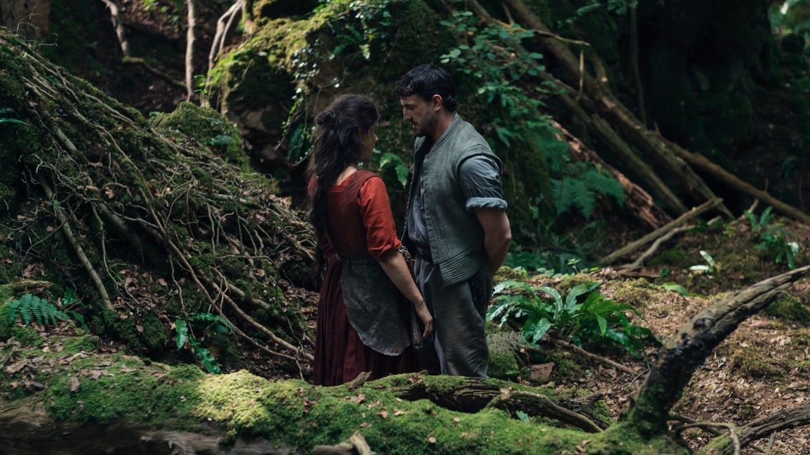 A man and a woman in period clothes stand in the forest, looking at one another. 