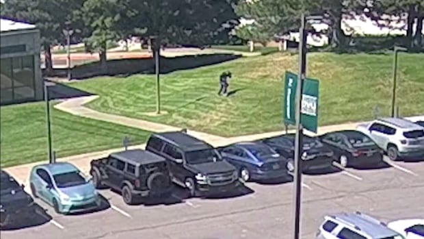 This surveillance screengrab shows a man in a black shirt running across a lawn.