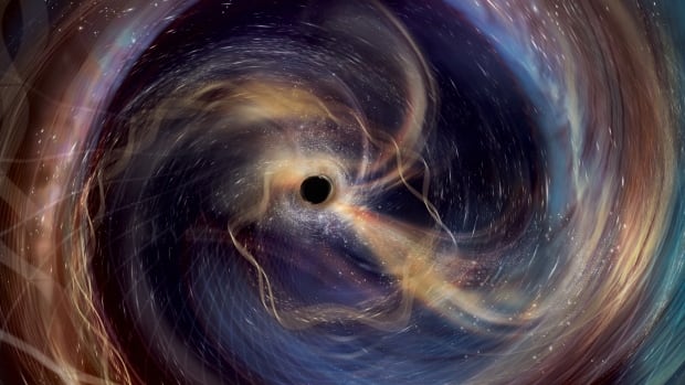 This artwork imagines the ultimate front-row seat for GW250114, a powerful collision between two black holes observed in gravitational waves by the US National Science Foundation LIGO. It depicts the view from one of the black holes as it spirals toward its cosmic partner. Ten years after LIGO's landmark detection of gravitational waves, the observatory's improved detectors allowed it to "hear" this celestial collision with unprecedented clarity. The gravitational-wave data enabled scientists to distinguish multiple subtle tones ringing out like a cosmic bell across the universe (imagined here as intertwining musical threads spiraling toward the center). Though only LIGO was online during GW250114, it now routinely operates as part of a network with other gravitational-wave detectors, including Europe's Virgo and Japan's KAGRA. Image credit: Aurore Simonnet (SSU/EdEon)/LVK/URI Ribbons of illuminous rich colours like amber, violet and royal blue spiral in a circular manner around a black centre that looks slightly double-lobed.