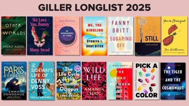 14 book covers against a pink background.