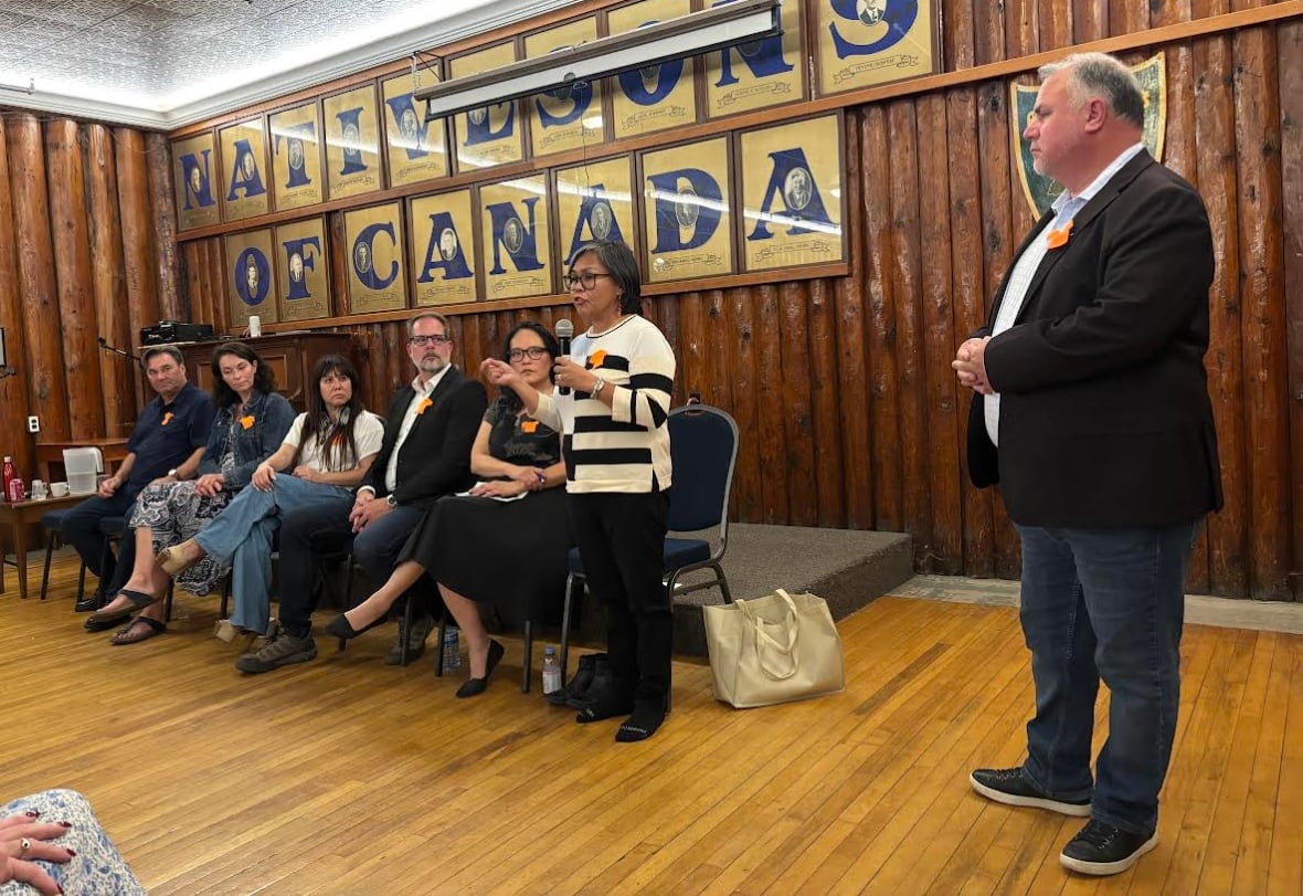From left to right, NDP interim Leader Don Davies, Edmonton Strathcona MP Heather McPherson, Winnipeg Centre MP Leah Gazan, Rosemont—La Petite-Patrie MP Alexandre Boulerice and Vancouver East MP Jenny Kwan listen as Nunavut MP Lori Idlout speaks into the microphone. Courtenay—Alberni MP Gord Johns looks on from right.