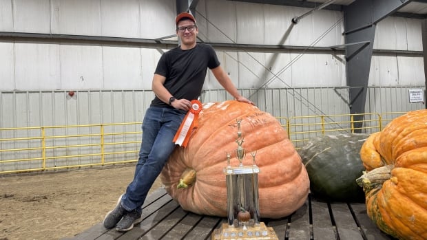 A young man poses with a red ribbon on a massive pumpkin.
