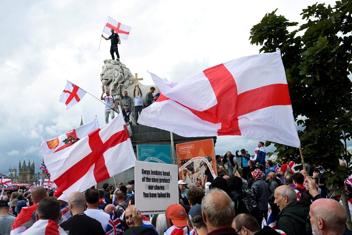 The protesters wandered the flags while gathering.
