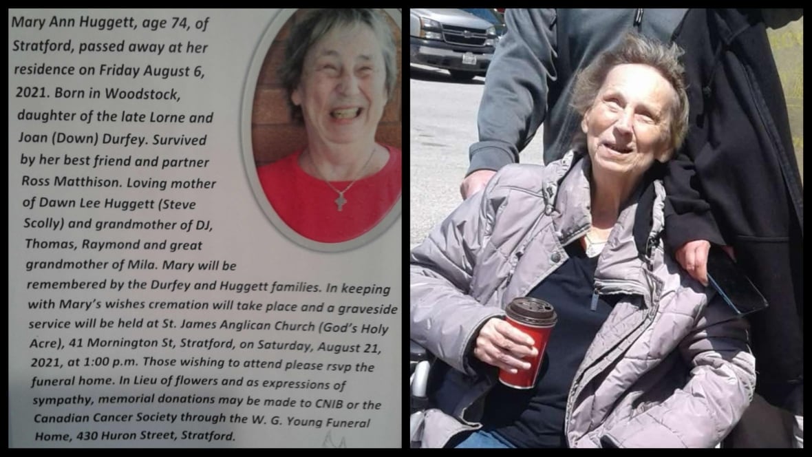 A printed obituary for Mary Ann Huggett and photo of her smiling