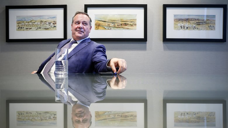 照片中，一名男子坐在会议室的一张干净的桌子前。