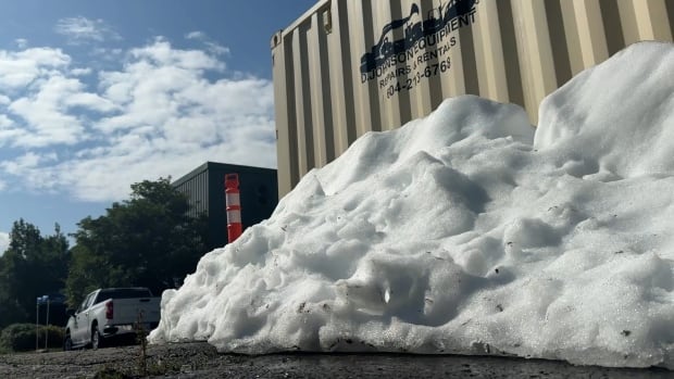 A large pile of snow sits outside a rink in Squamish and an orange construction marker along with a beige coloured storage bin are behind the snow. 