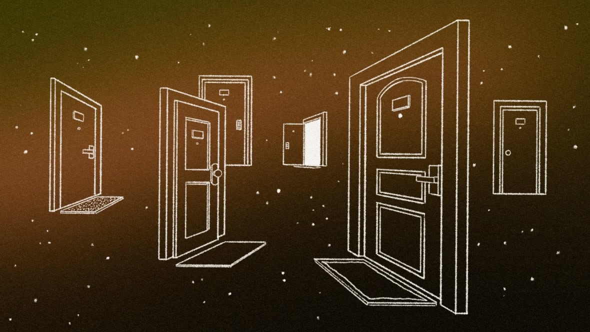 An illustration of a series of doors floating in a starry night sky