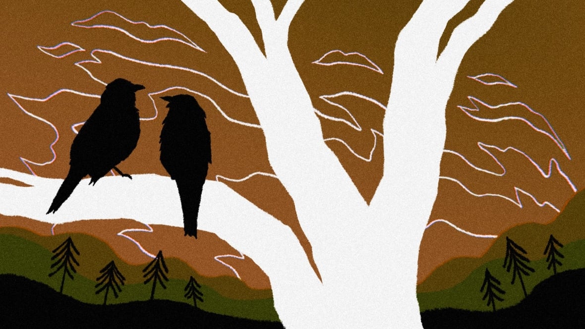 An illustration of the silhouettes of two birds sitting on a tree branch