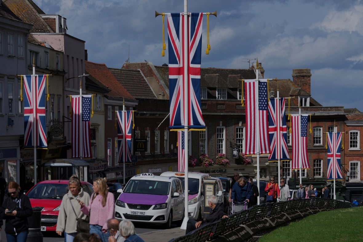 Flags on columns along the street