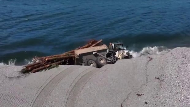A truck loaded with logs falls into the water.