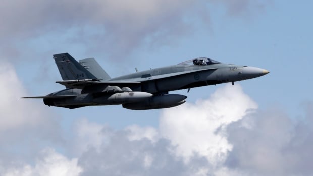 A Canadian Air Task Force jet CF-18 flies over Siauliai air base on August 26, 2014. 