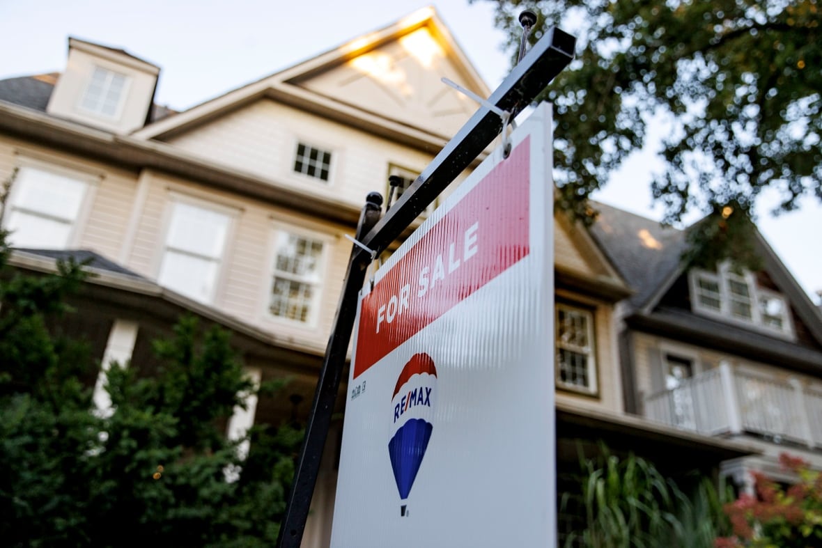 A for-sale sign is shown in close-up outside a house.