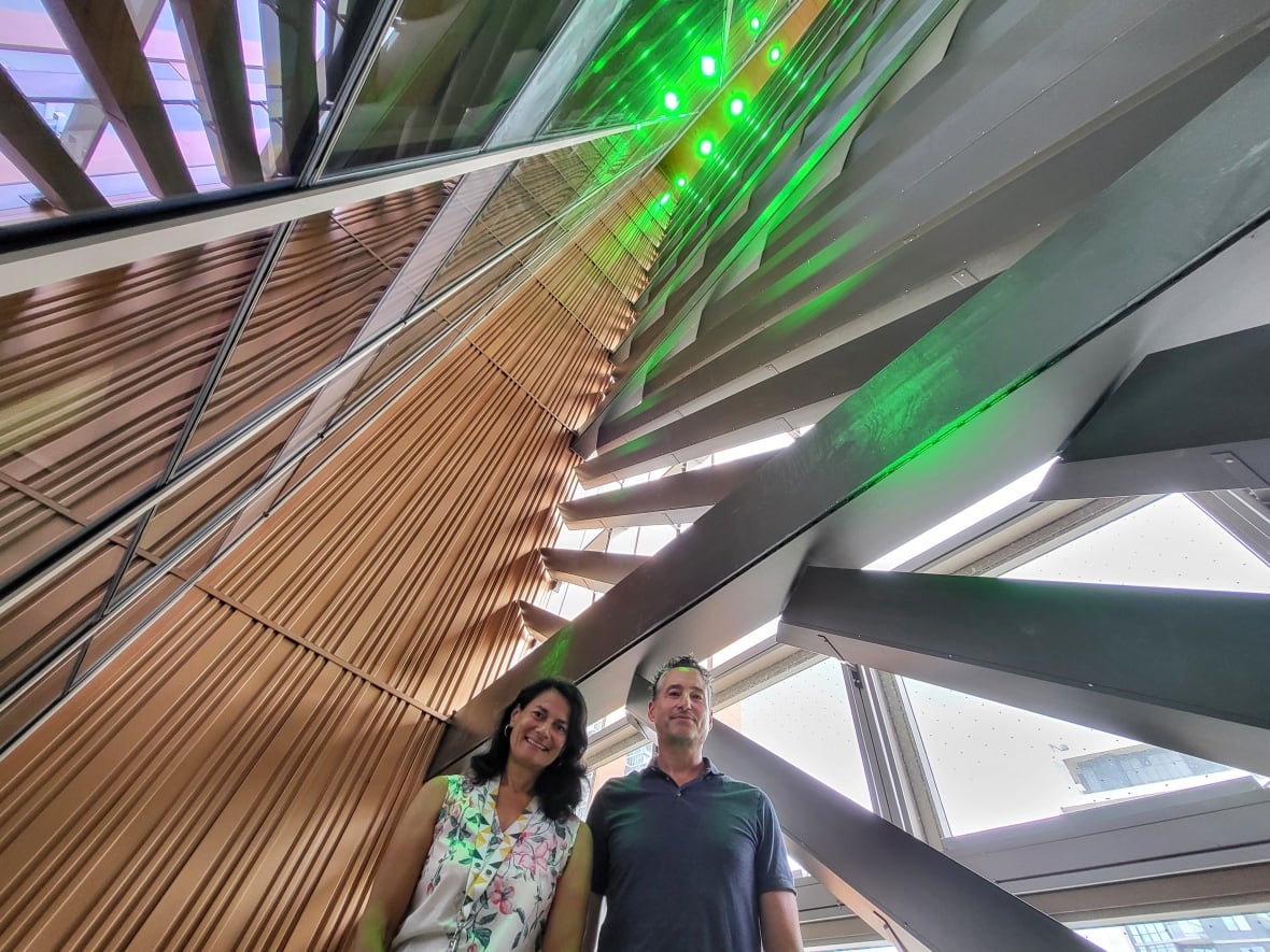 Two people in a very tall, narrow space in a building with green lights at the top