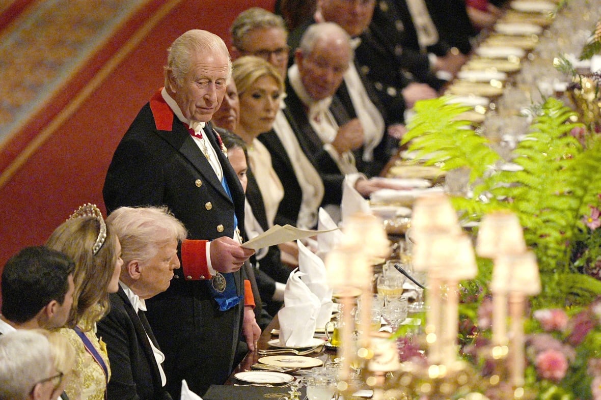 US President Donald Trump listens to the British King Charles during the state's banquet at Windsor Castle, Berkshire, on the first day of US President Donald Trump and First Lady Melania Trump to the United Kingdom, on Wednesday, September 17, 2025.   