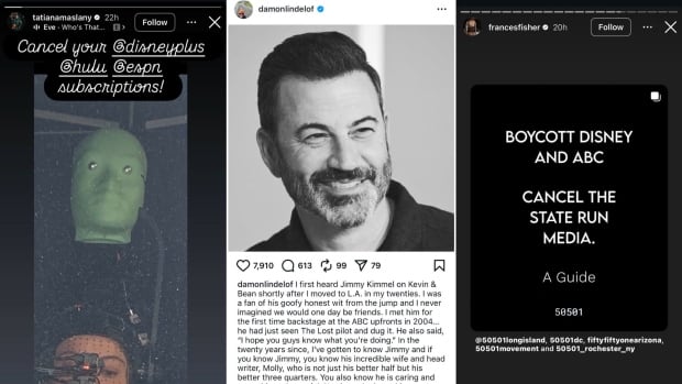 A composite image of Instagram posts by actor Tatiana Maslany, left, writer and producer Damon Lindelof, centre, and actor Frances Fisher, right. Maslany's calls for people to boycott Disney+, Hulu and ESPN. Lindelof's is a tribute to Jimmy Kimmel along with a photo of him. Fisher's is a guide that says boycott disney and ABC.