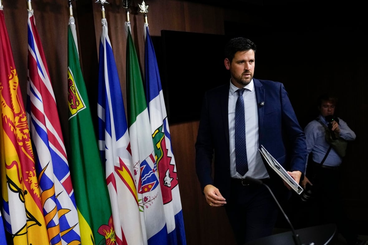 The man in the suit holding a folder moves in a flag series.