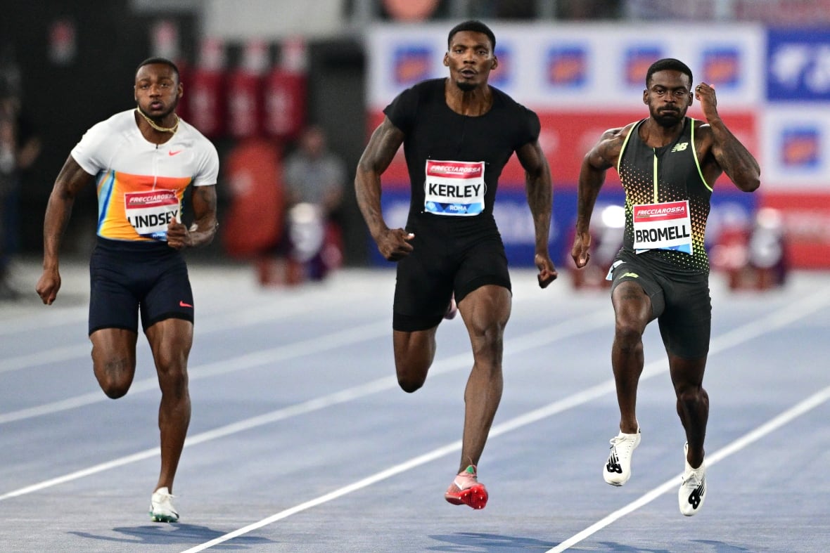Sprinters race down a track.