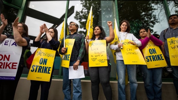 A group of people hold yellow sandwich boards reading 'BCGEU On Strike' next to a storefront.