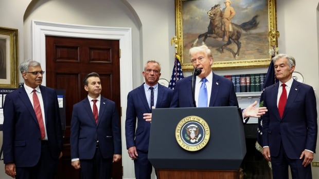 A man in a suit speaks from a podium. Several more men in suits are behind him.