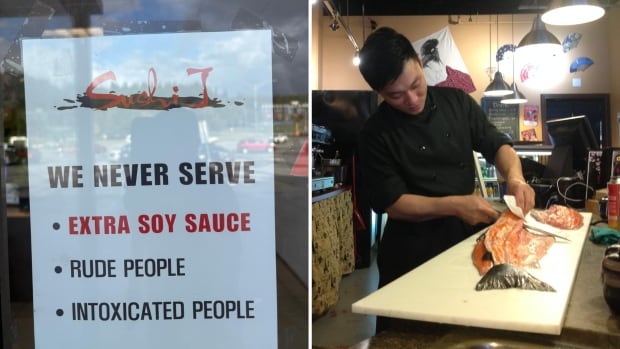 A composite of a sign reading 'We never serve extra soy sauce rude people intoxicated people' and an East Asian man cutting into a fish.