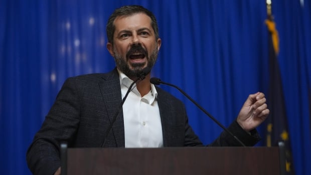 Former Transportation Secretary Pete Buttigieg speaks at a rally at the Statehouse in Indianapolis, Thursday, Sept. 18, 2025 for Indiana Democrats amid pressure from President Donald Trump on Republicans who control the state's legislature to redistrict congressional seats.