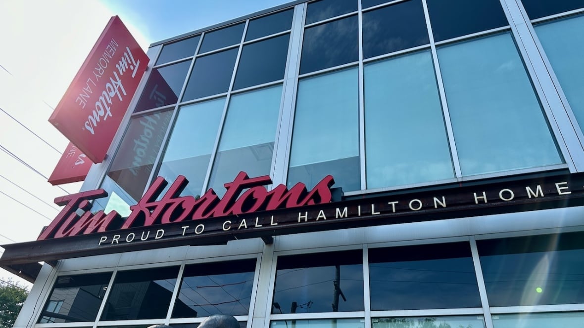 A Tim Hortons sign with the words "Proud to call Hamilton home" on the exterior of a building. 