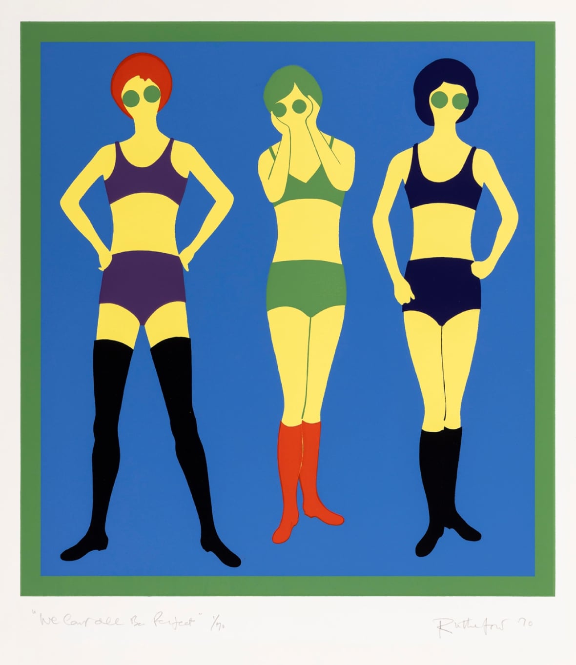 The colourful illustration shows three women wearing sunglasses, bikinis and long socks.