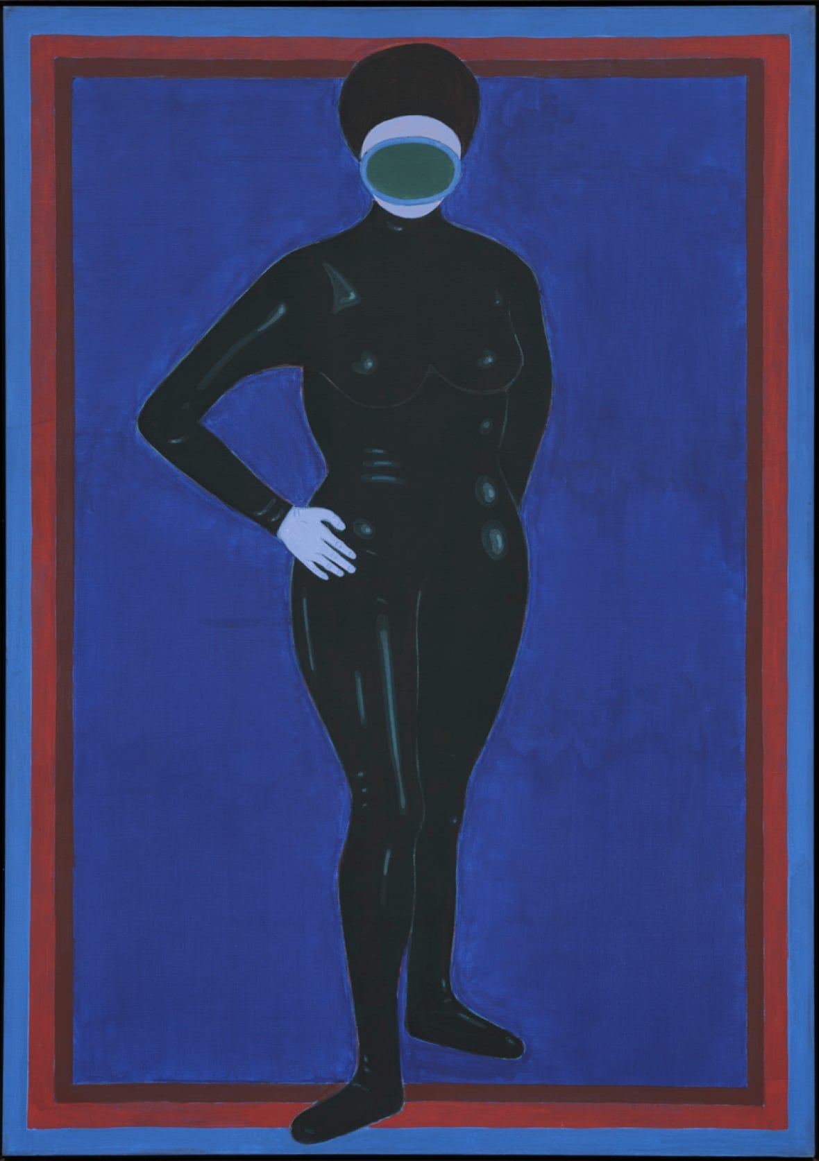 The painting shows a woman wearing a black wet suit. Her hand is placed on her hip. Her face is obscured by a diving mask 