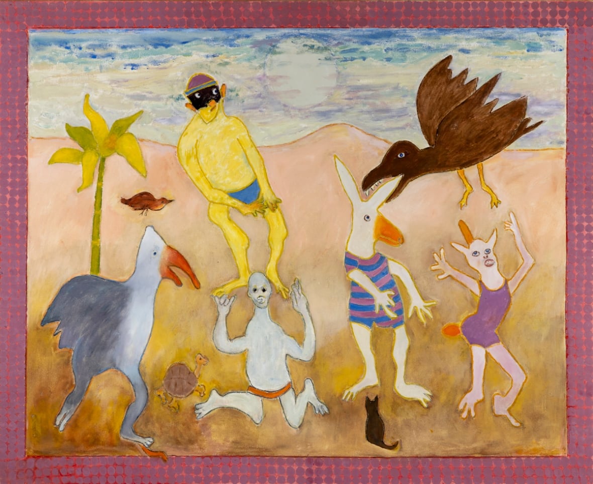The painting shows a number of figures that are human and animal hybrids occupying a desert-like landscape.