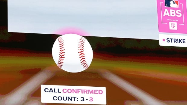 The scoreboard at Truist Park in Atlanta, Georgia is seen during an automated ball-strike system challenge during the MLB all-star game on July 15, 2025.