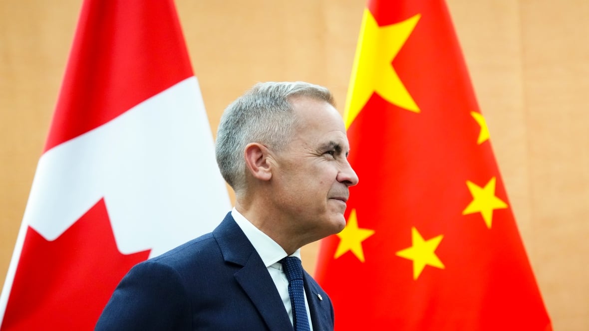 A man in a suit is seen in front of Canadian and Chinese flags.