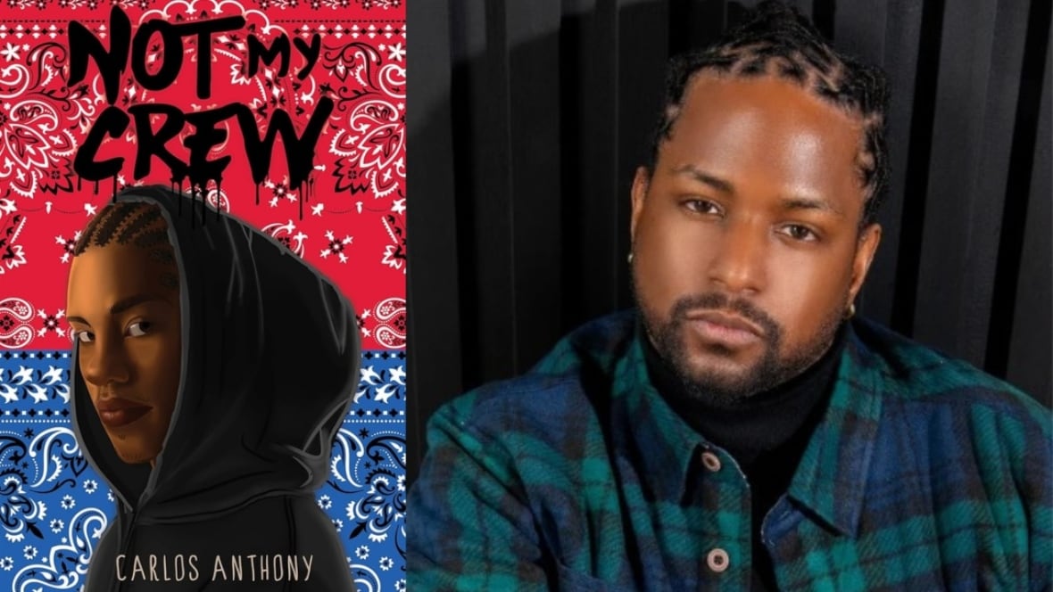 Not My Crew by Carlos Anthony. Ilustrated book cover of a Black teenage boy wearing a hoodie, looking forward.
