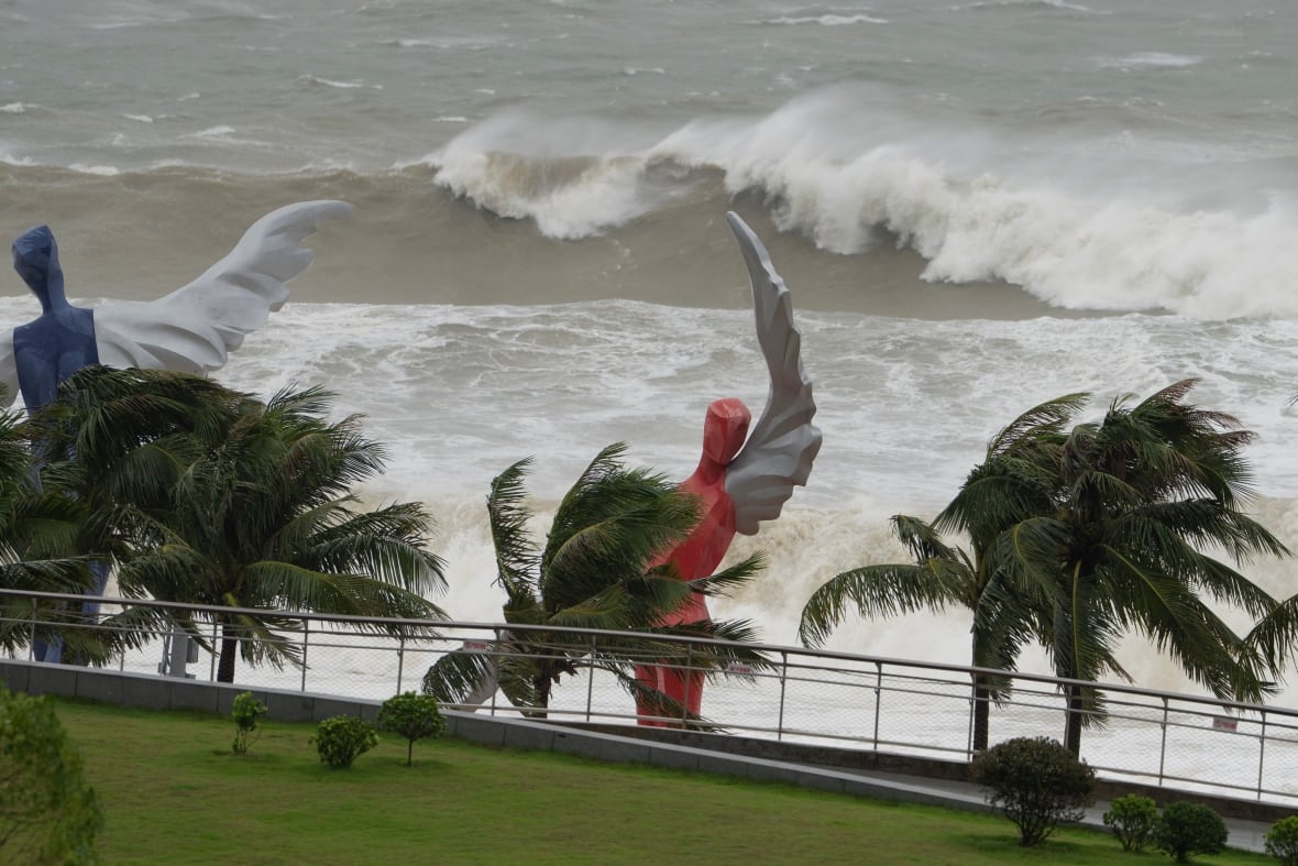 Large waves are shown in a body of water as palm trees are bent on a promenade on the shoreline.