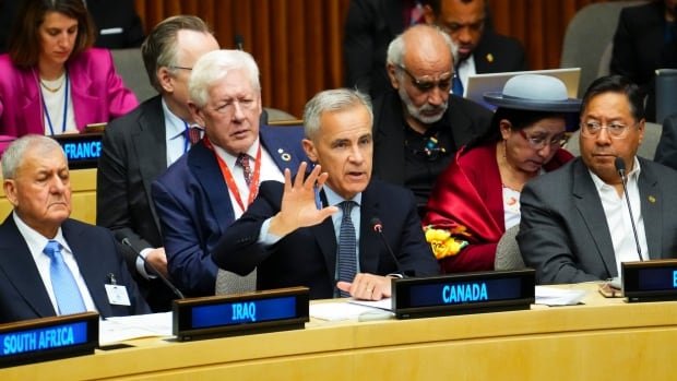 A man speaks into a microphone while seated at a conference table that others are seated around. 