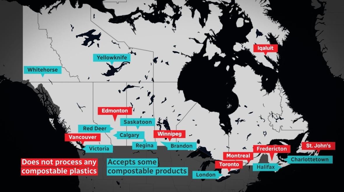 Um mapa mostrando o Canadá e vários municípios que aceitam composto.