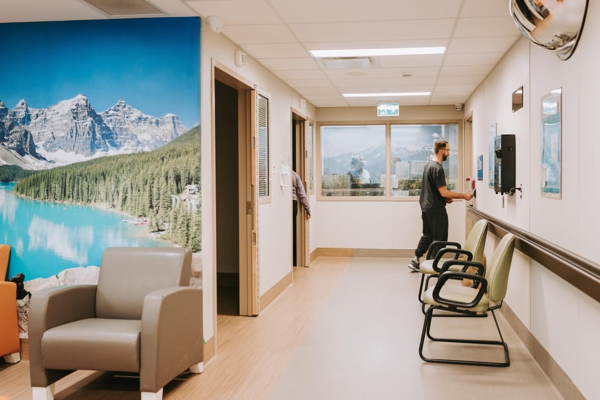 Un medico in camice lavora in una sala d'attesa con un murale naturalistico raffigurante una montagna, alberi e un lago