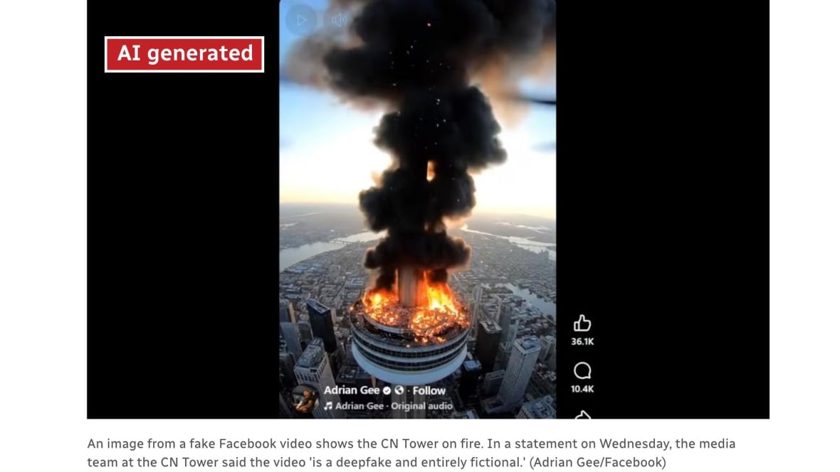 A still from the fake video showing the CN Tower with smoke coming from it.