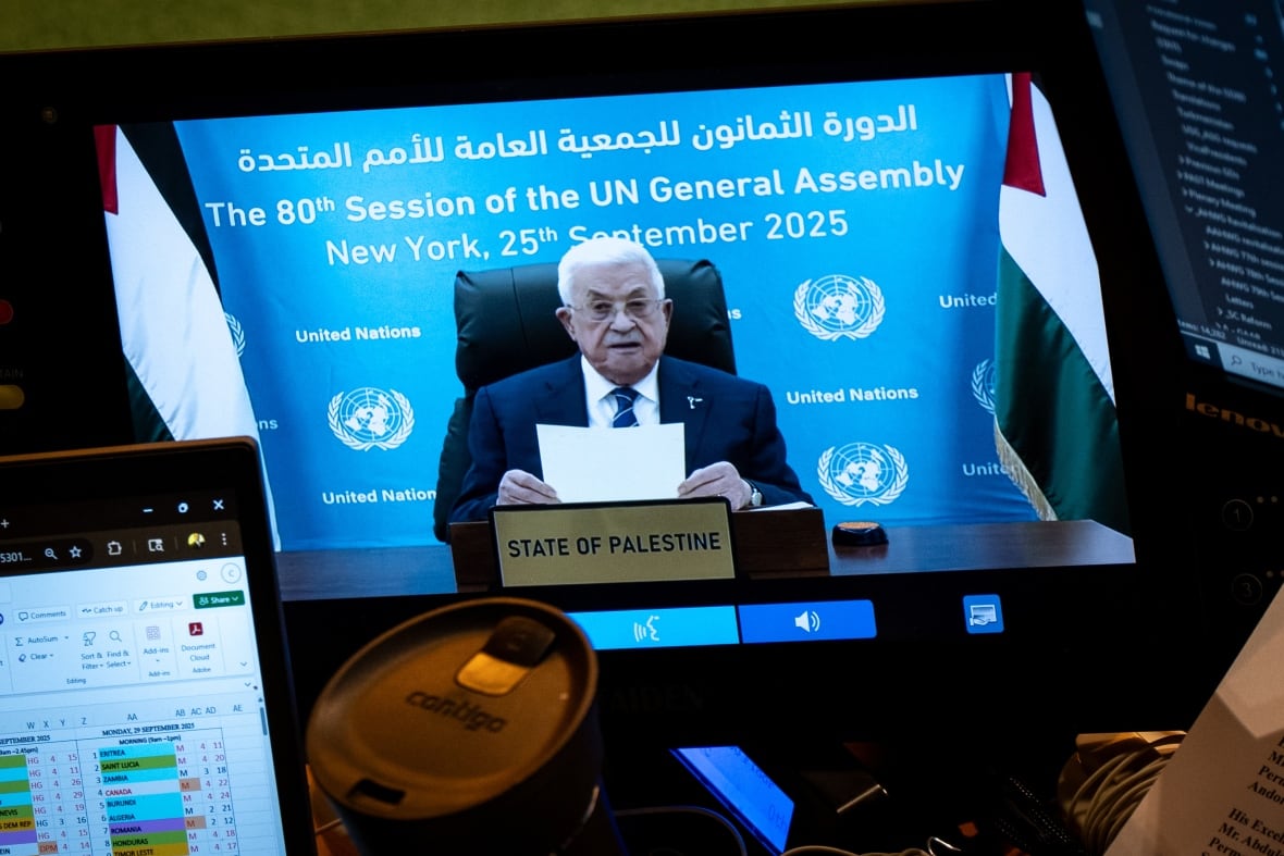 Palestinian President Mahmoud Abbas deals with the eighties of the United Nations General Assembly through a video at the United Nations headquarters, on Thursday, September 25, 2025. 
