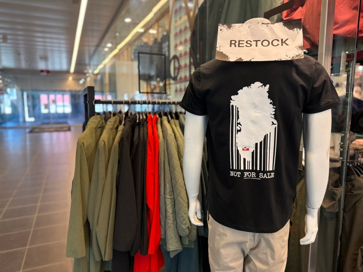 Uma camiseta preta que lê "Não está à venda" e uma foto do mapa da Groenlândia
